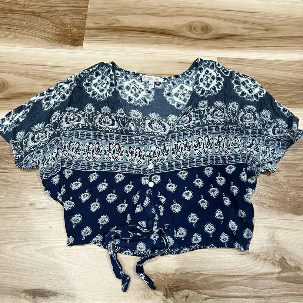 Stitch Fix Patrons of Peace Hartley Blue Tie Front Cropped Top Women’s XS